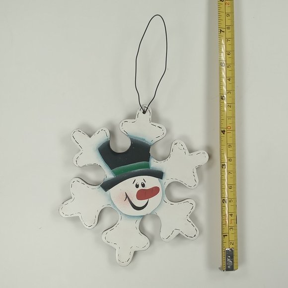 Snowman Head Snowflake Country Rustic Wooden 5" Christmas Ornament Wire Hanger - Picture 3 of 3